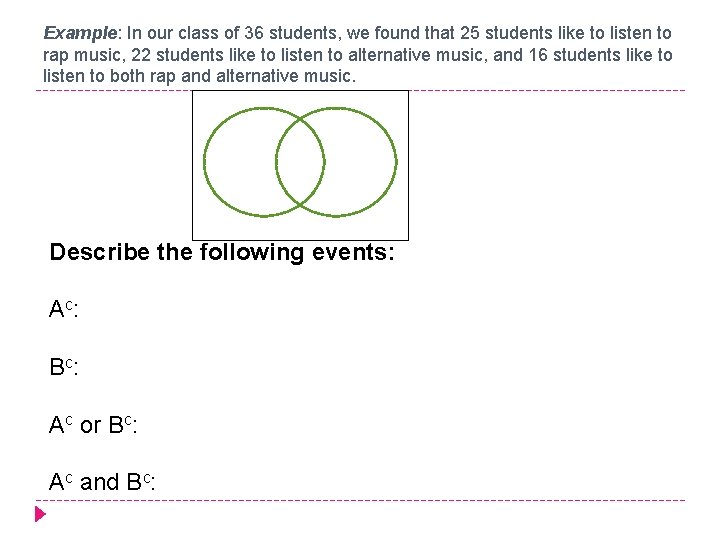 Example: In our class of 36 students, we found that 25 students like to