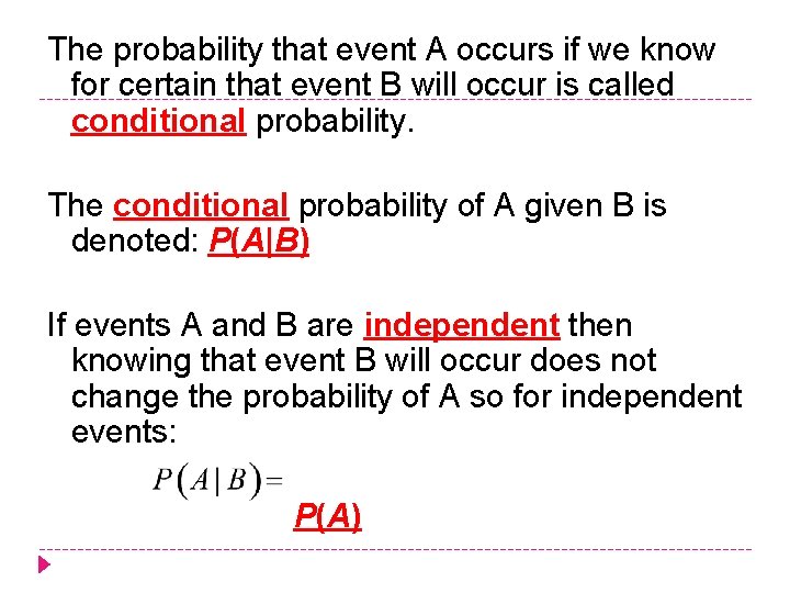 The probability that event A occurs if we know for certain that event B