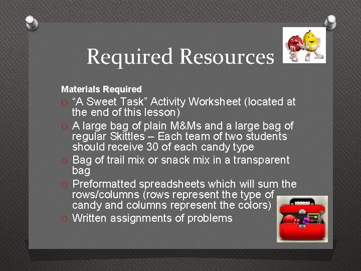 Required Resources Materials Required O “A Sweet Task” Activity Worksheet (located at O O