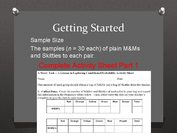 Getting Started Sample Size The samples (n = 30 each) of plain M&Ms and
