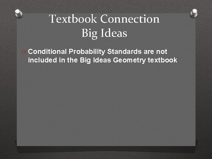 Textbook Connection Big Ideas O Conditional Probability Standards are not included in the Big