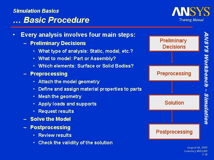 Simulation Basics … Basic Procedure – Preliminary Decisions • What type of analysis: Static,