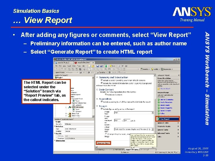 Simulation Basics … View Report Training Manual – Preliminary information can be entered, such