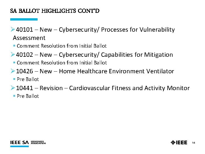 SA BALLOT HIGHLIGHTS CONT’D Ø 40101 – New – Cybersecurity/ Processes for Vulnerability Assessment