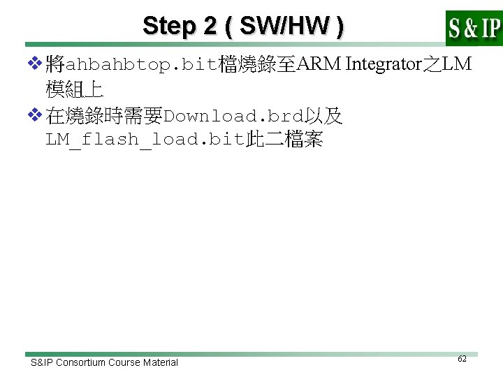 Step 2 ( SW/HW ) v 將ahbahbtop. bit檔燒錄至ARM Integrator之LM 模組上 v 在燒錄時需要Download. brd以及 LM_flash_load.