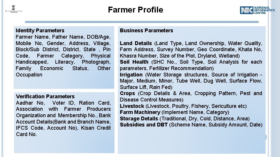 Farmer Profile Identity Parameters Farmer Name, Father Name, DOB/Age, Mobile No, Gender, Address, Village,