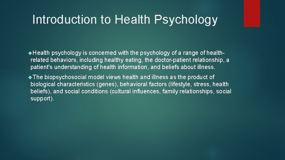 Introduction to Health Psychology Health psychology is concerned with the psychology of a range