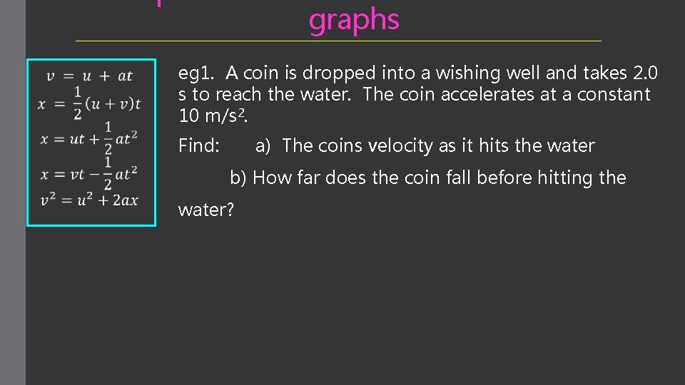 Motion Equations – constant acceleration without graphs eg 1. A coin is dropped into