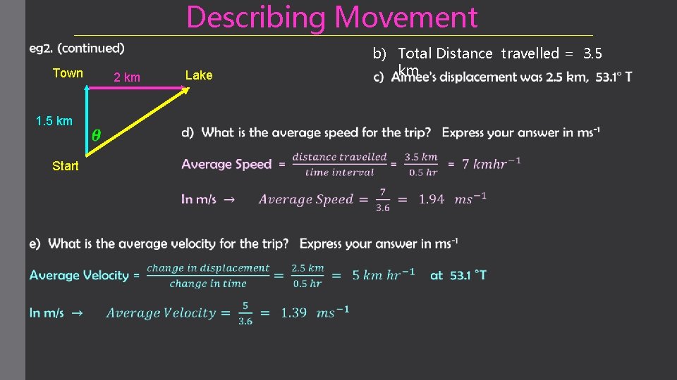 Describing Movement Town 1. 5 km Start 2 km Lake b) Total Distance travelled