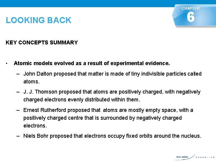 CHAPTER 6 LOOKING BACK KEY CONCEPTS SUMMARY • LOOKING BACK Atomic models evolved as