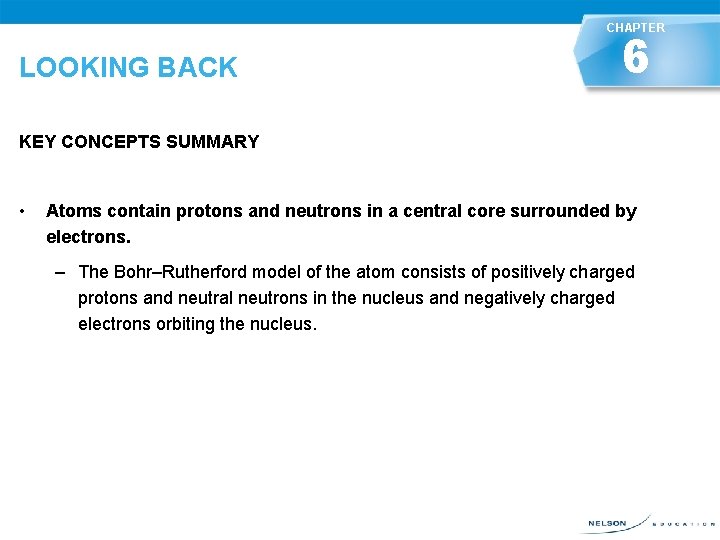 CHAPTER LOOKING BACK KEY CONCEPTS SUMMARY • 6 LOOKING BACK Atoms contain protons and