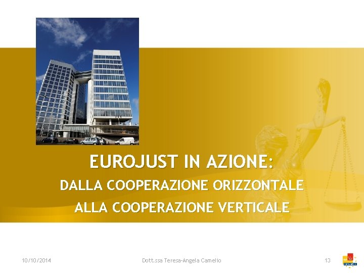 EUROJUST IN AZIONE: DALLA COOPERAZIONE ORIZZONTALE ALLA COOPERAZIONE VERTICALE 10/10/2014 Dott. ssa Teresa-Angela Camelio