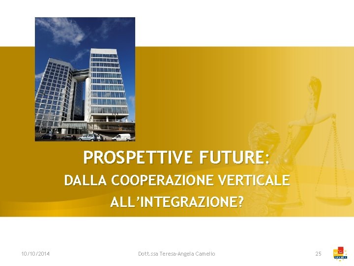 PROSPETTIVE FUTURE: DALLA COOPERAZIONE VERTICALE ALL’INTEGRAZIONE? 10/10/2014 Dott. ssa Teresa-Angela Camelio 25 