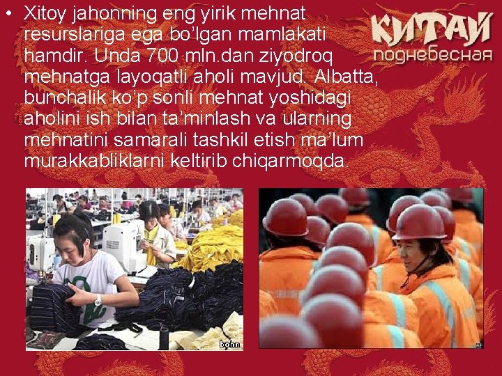  • Xitoy jahonning eng yirik mehnat resurslariga ega bo’lgan mamlakati hamdir. Unda 700