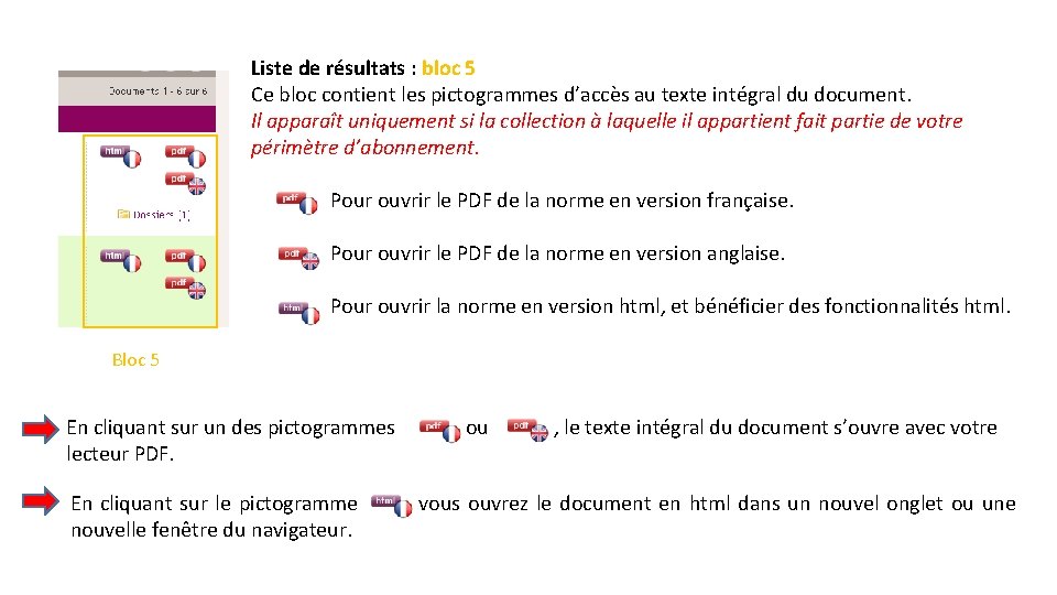 Liste de résultats : bloc 5 Ce bloc contient les pictogrammes d’accès au texte