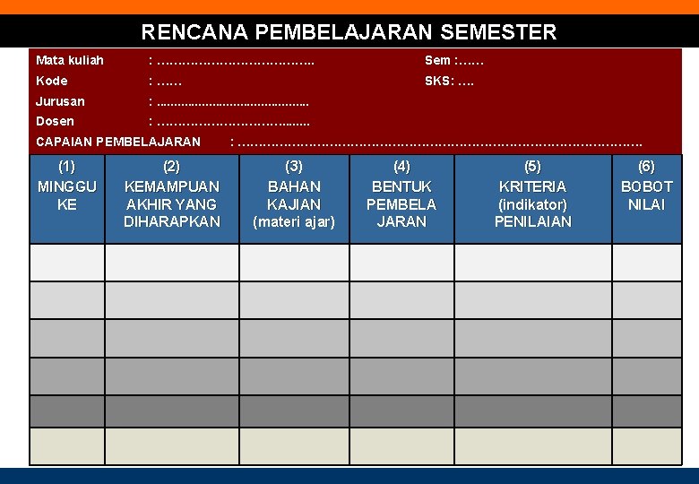 RENCANA PEMBELAJARAN SEMESTER Mata kuliah : ………………. . Sem : …… Kode : ……