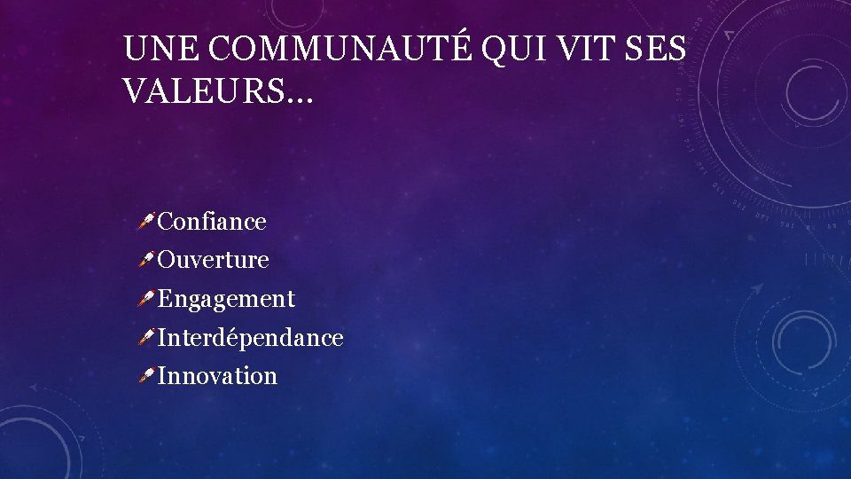 UNE COMMUNAUTÉ QUI VIT SES VALEURS… Confiance Ouverture Engagement Interdépendance Innovation 