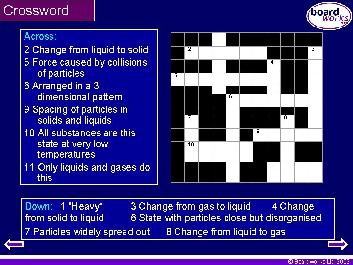 Crossword Across: 2 Change from liquid to solid 5 Force caused by collisions of