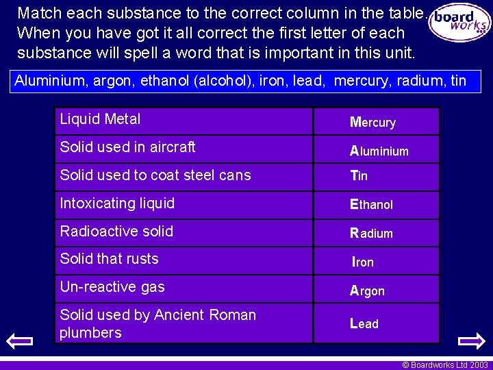 Match each substance to the correct column in the table. When you have got