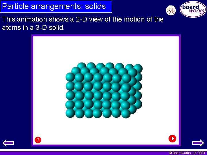 Particle arrangements: solids This animation shows a 2 -D view of the motion of