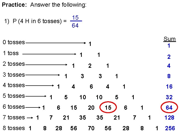 Practice: Answer the following: 15 1) P (4 H in 6 tosses) = 64