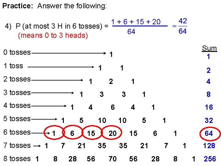 Practice: Answer the following: 1 + 6 + 15 + 20 4) P (at