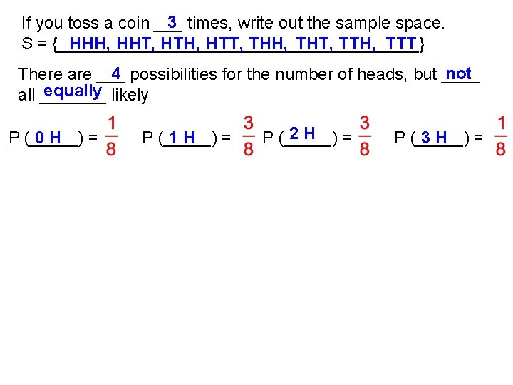 3 times, write out the sample space. If you toss a coin ___ HHH,