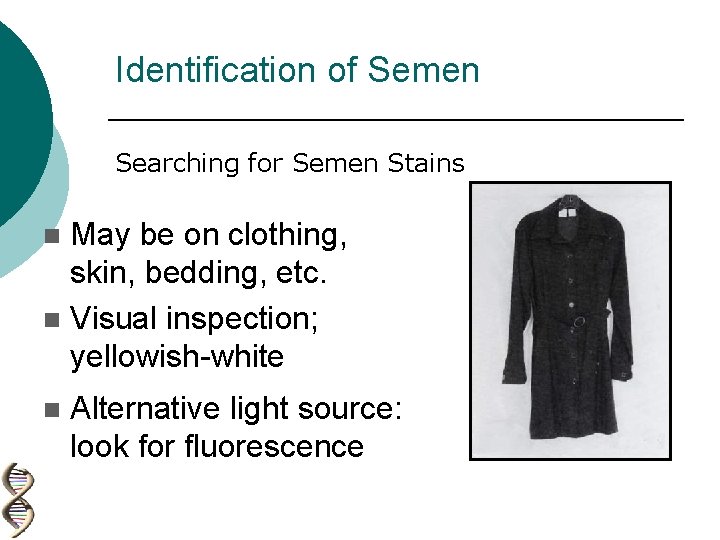Identification of Semen Searching for Semen Stains May be on clothing, skin, bedding, etc.
