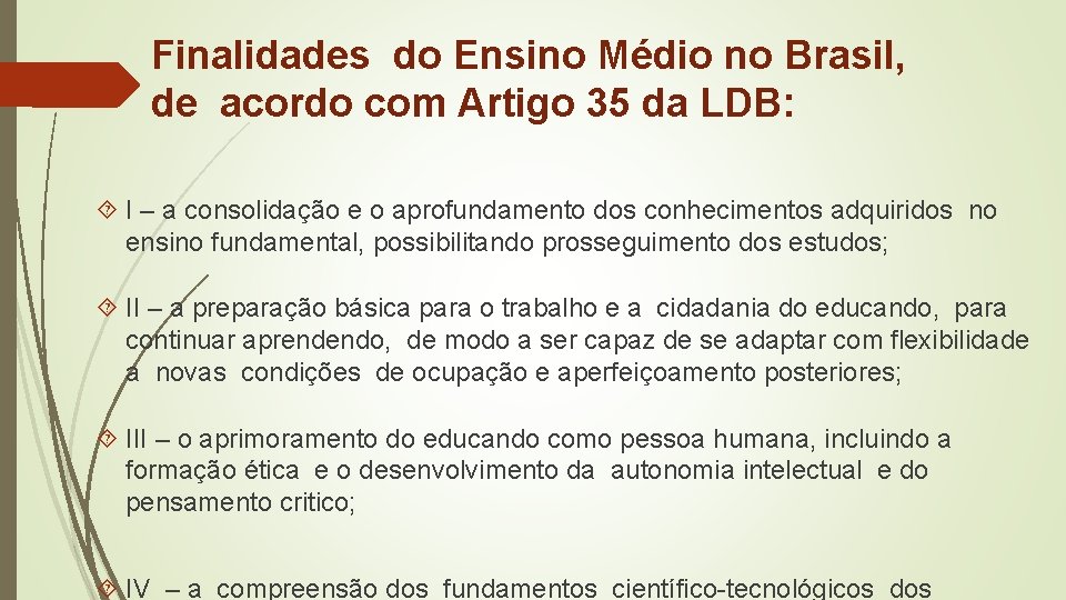 Finalidades do Ensino Médio no Brasil, de acordo com Artigo 35 da LDB: I