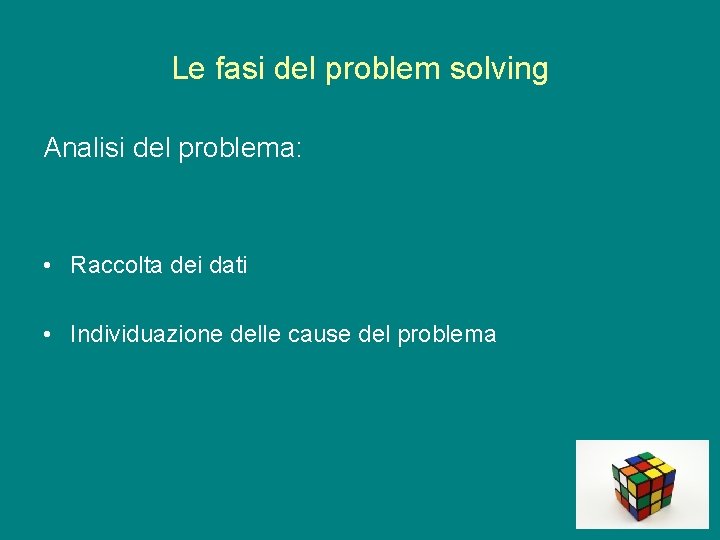 Le fasi del problem solving Analisi del problema: • Raccolta dei dati • Individuazione