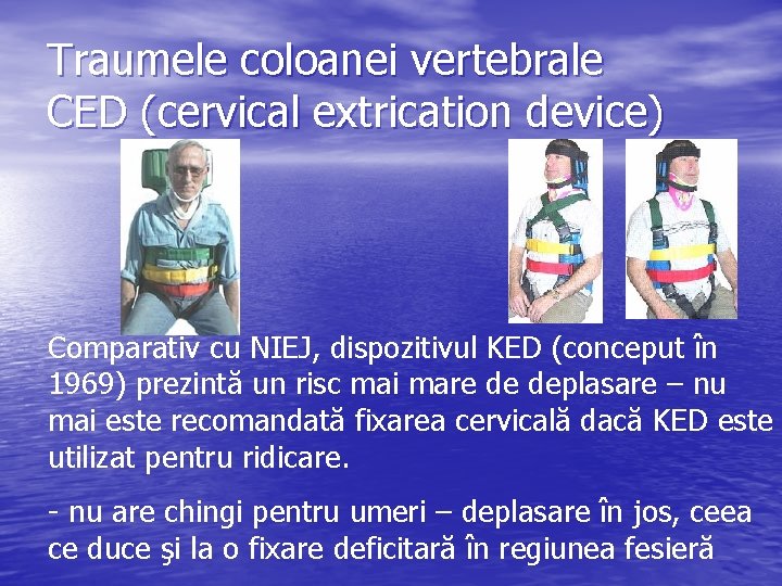 Traumele coloanei vertebrale CED (cervical extrication device) Comparativ cu NIEJ, dispozitivul KED (conceput în