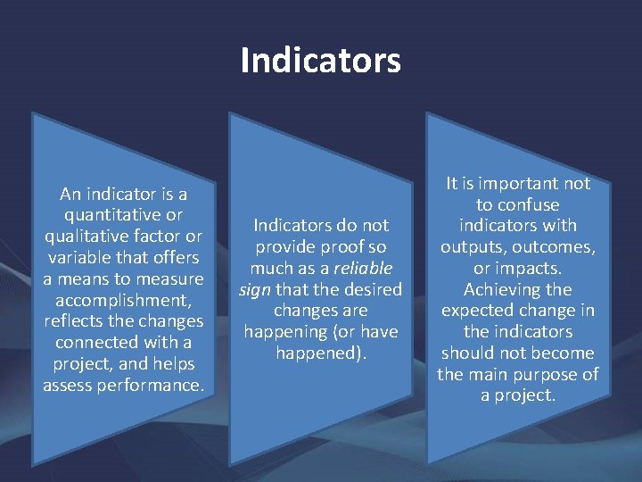 Indicators An indicator is a quantitative or qualitative factor or variable that offers a