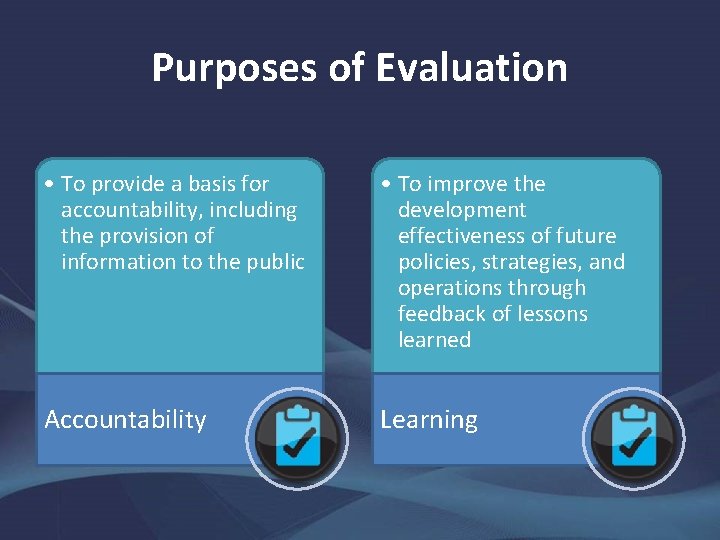 Purposes of Evaluation • To provide a basis for accountability, including the provision of