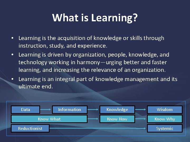 What is Learning? • Learning is the acquisition of knowledge or skills through instruction,