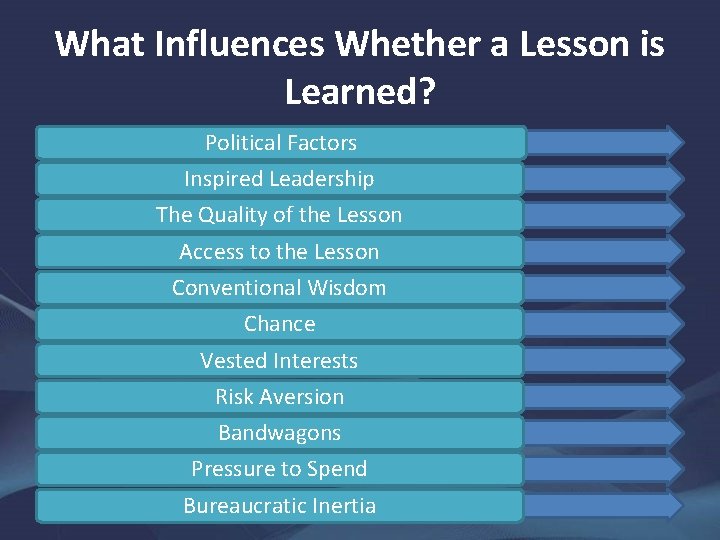 What Influences Whether a Lesson is Learned? Political Factors Inspired Leadership The Quality of