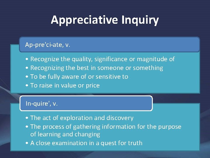 Appreciative Inquiry Ap-pre'ci-ate, v. • Recognize the quality, significance or magnitude of • Recognizing