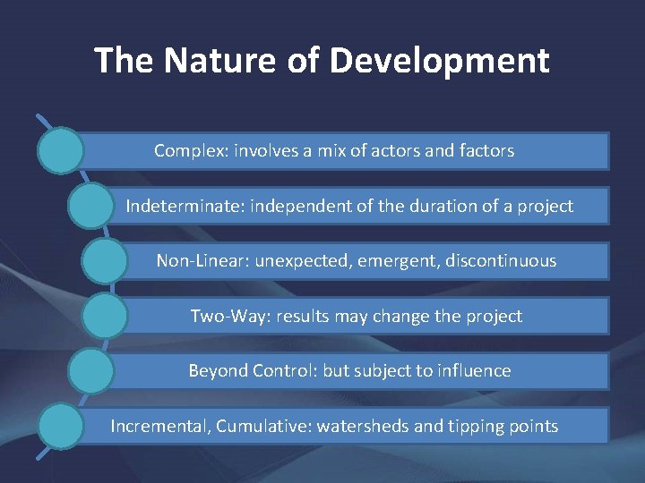 The Nature of Development Complex: involves a mix of actors and factors Indeterminate: independent