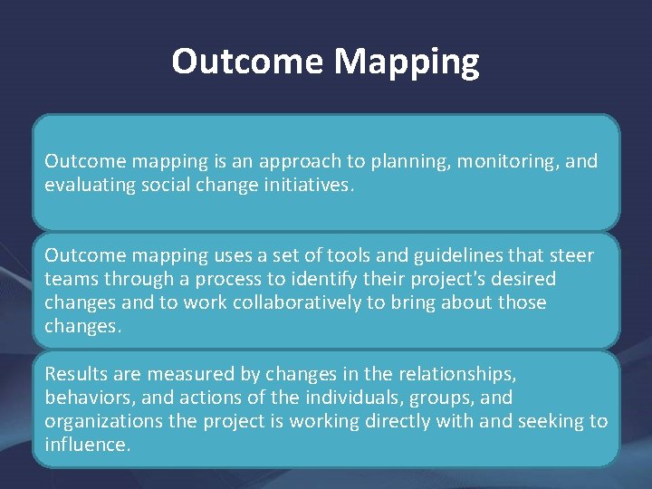 Outcome Mapping Outcome mapping is an approach to planning, monitoring, and evaluating social change