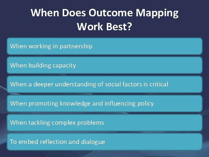 When Does Outcome Mapping Work Best? When working in partnership When building capacity When