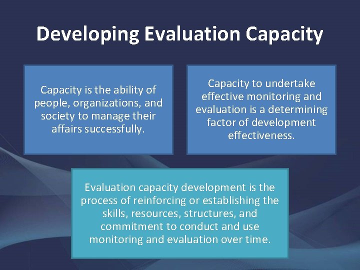 Developing Evaluation Capacity is the ability of people, organizations, and society to manage their