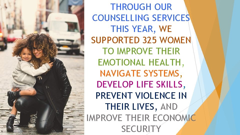 THROUGH OUR COUNSELLING SERVICES THIS YEAR, WE SUPPORTED 325 WOMEN TO IMPROVE THEIR EMOTIONAL