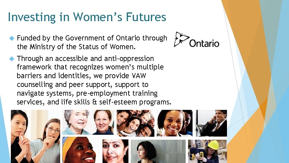 Investing in Women’s Futures Funded by the Government of Ontario through the Ministry of