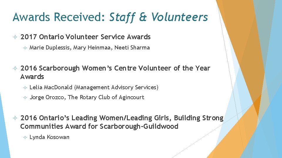 Awards Received: Staff & Volunteers ² 2017 Ontario Volunteer Service Awards ² ² ²