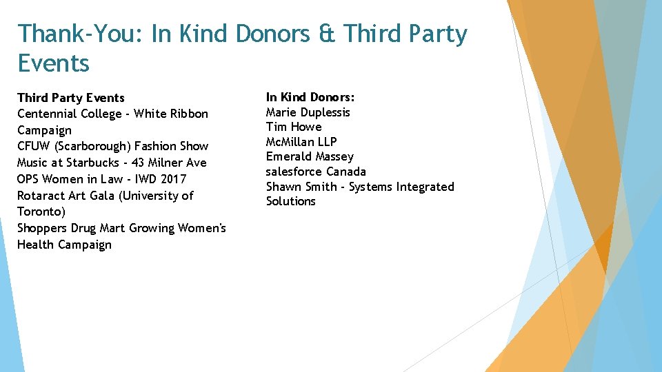Thank-You: In Kind Donors & Third Party Events Centennial College - White Ribbon Campaign