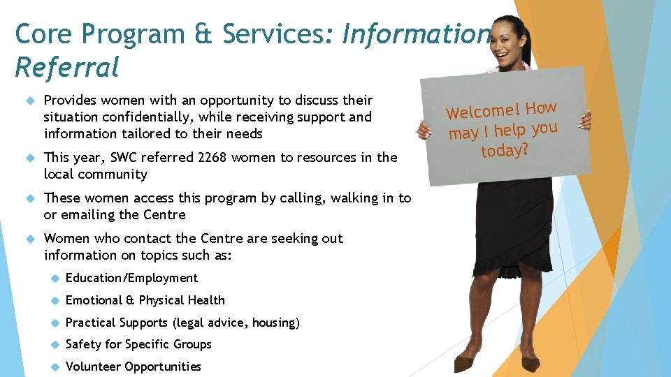 Core Program & Services: Information Referral Provides women with an opportunity to discuss their