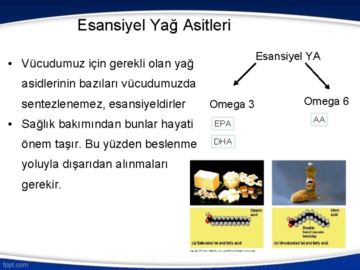 Esansiyel Yağ Asitleri Esansiyel YA • Vücudumuz için gerekli olan yağ asidlerinin bazıları vücudumuzda