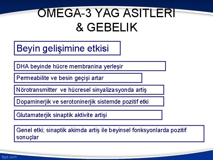 OMEGA-3 YAG ASITLERI & GEBELIK Beyin gelişimine etkisi DHA beyinde hücre membranina yerleşir Permeabilite