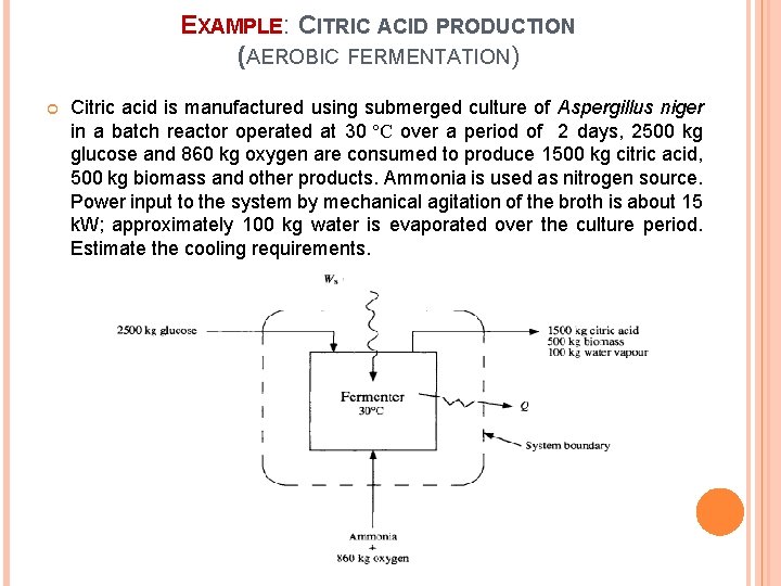EXAMPLE: CITRIC ACID PRODUCTION (AEROBIC FERMENTATION) Citric acid is manufactured using submerged culture of