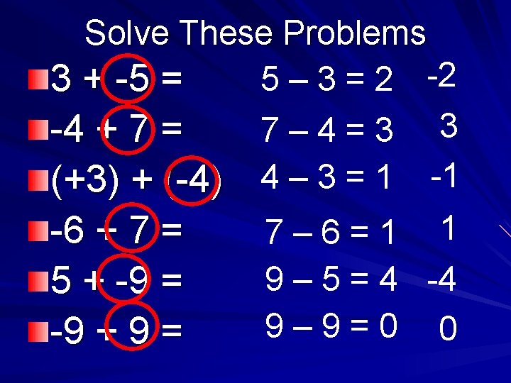 Solve These Problems 5 – 3 = 2 -2 3 + -5 = -4