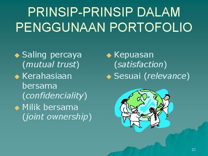 PRINSIP-PRINSIP DALAM PENGGUNAAN PORTOFOLIO Saling percaya (mutual trust) u Kerahasiaan bersama (confidenciality) u Milik